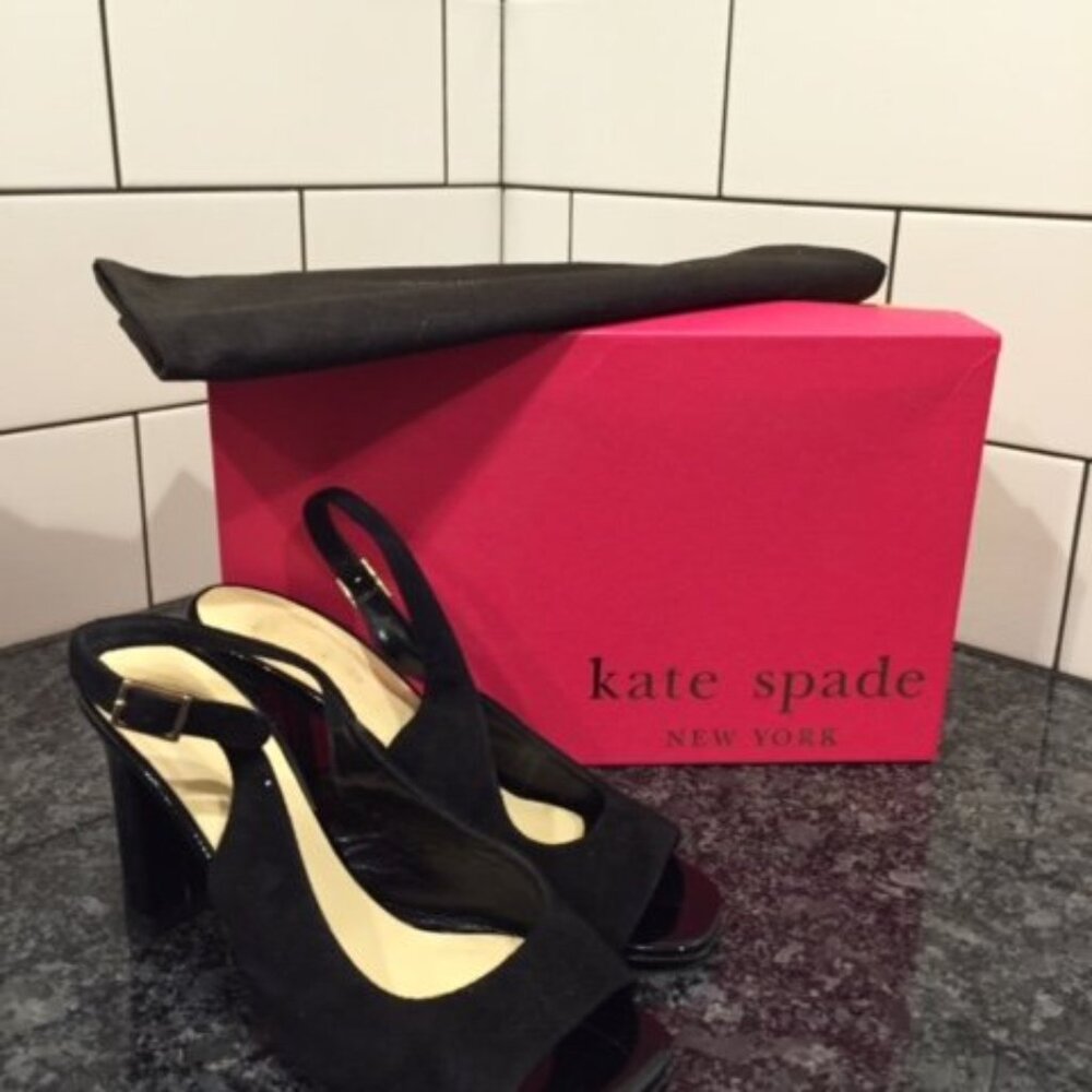 Kate Suede Black Suede Sling Back Open Toe Block Heel Taylor Sandals
